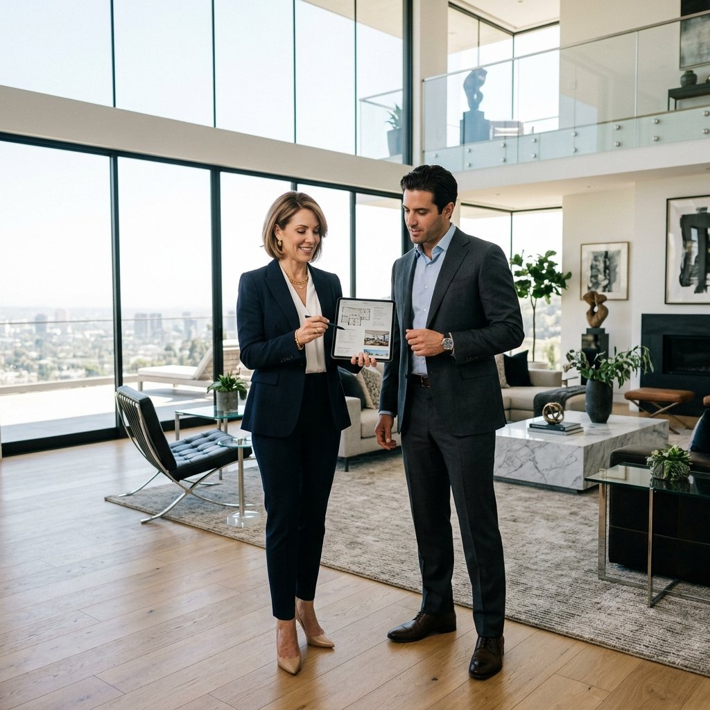 Real estate brokers looking at data in luxury property